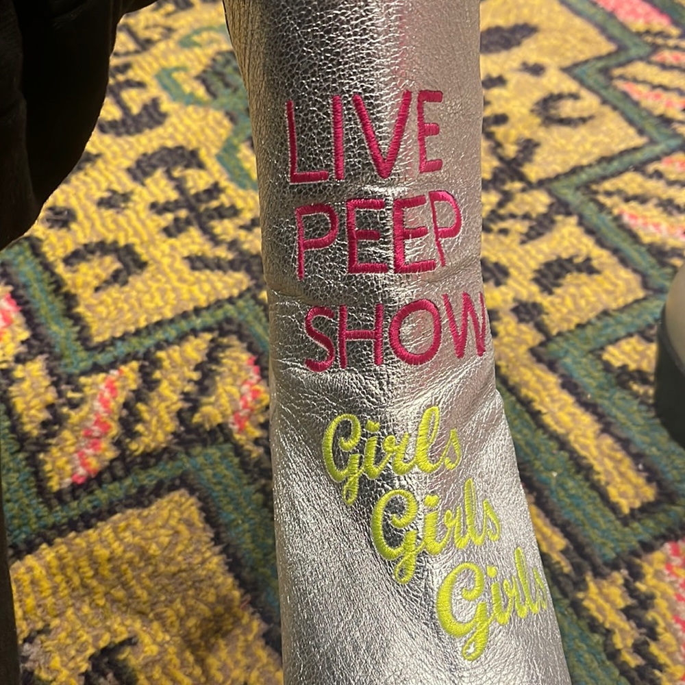 RARE! Modern Vice Silver Peep Show Boots with Neon Pink & Yellow Designs
